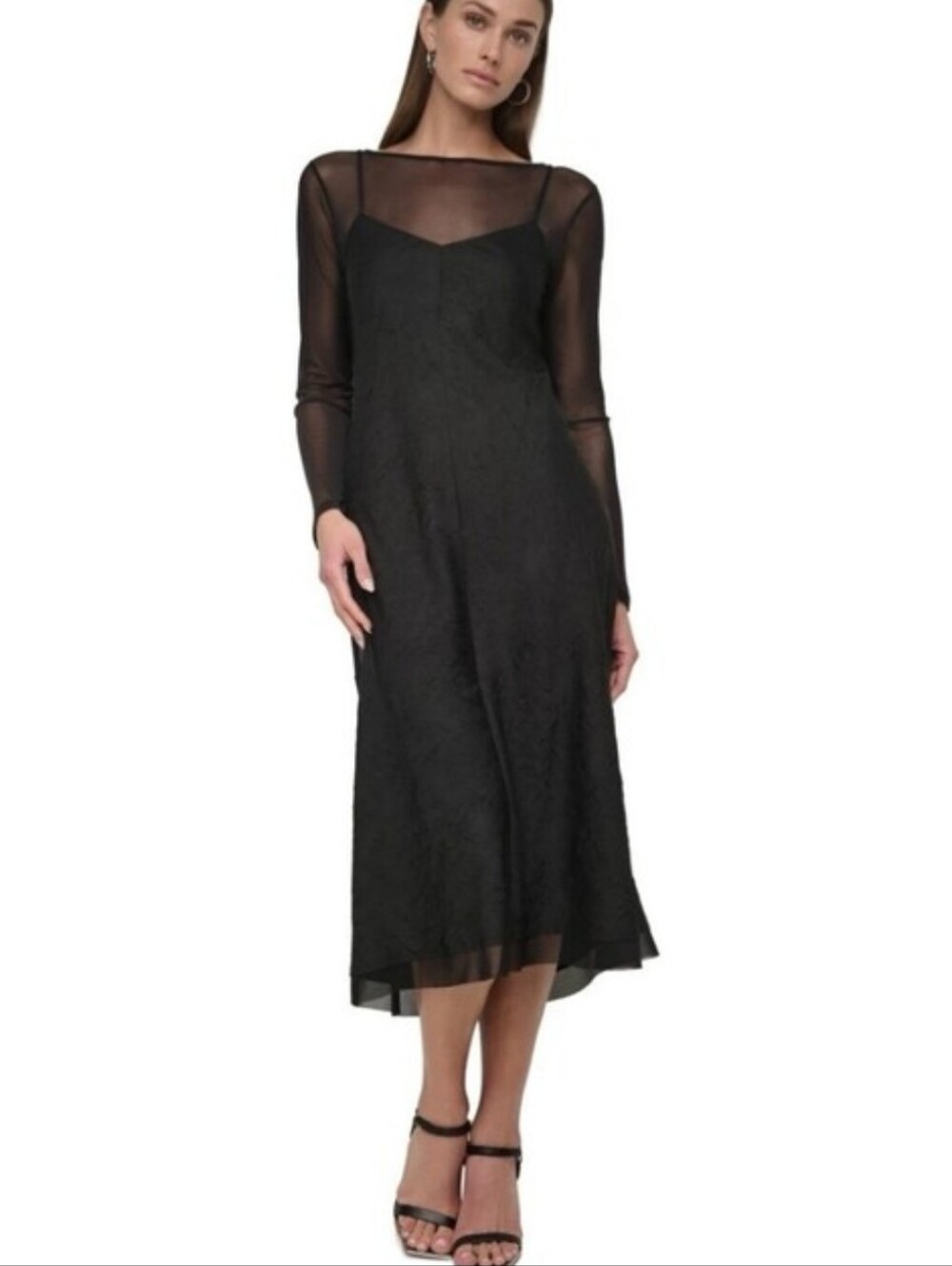DKNY NWT Black Sheer Mesh Long Sleeve Maxi Dress Size 10 $139 Goth Party
